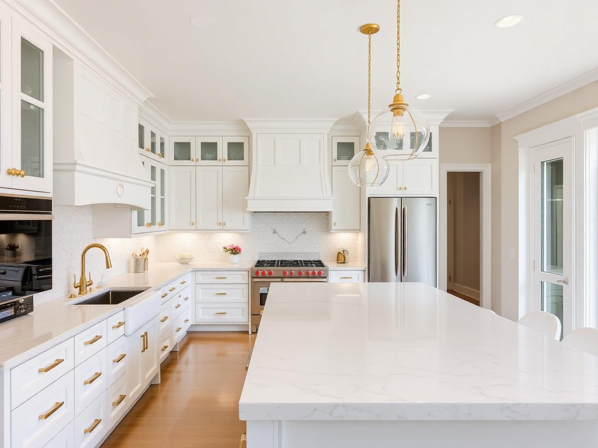 White kitchen with quartz island