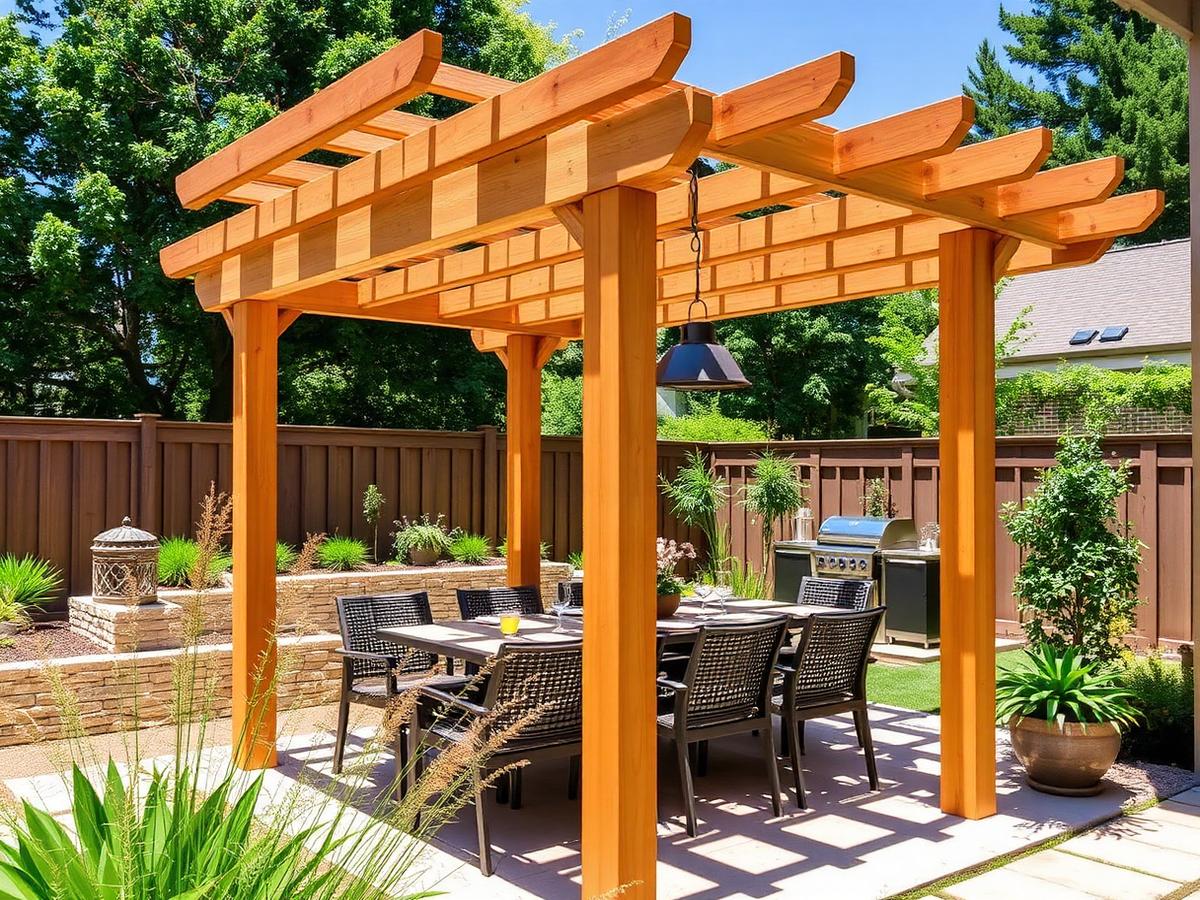 Cedar pergola in backyard